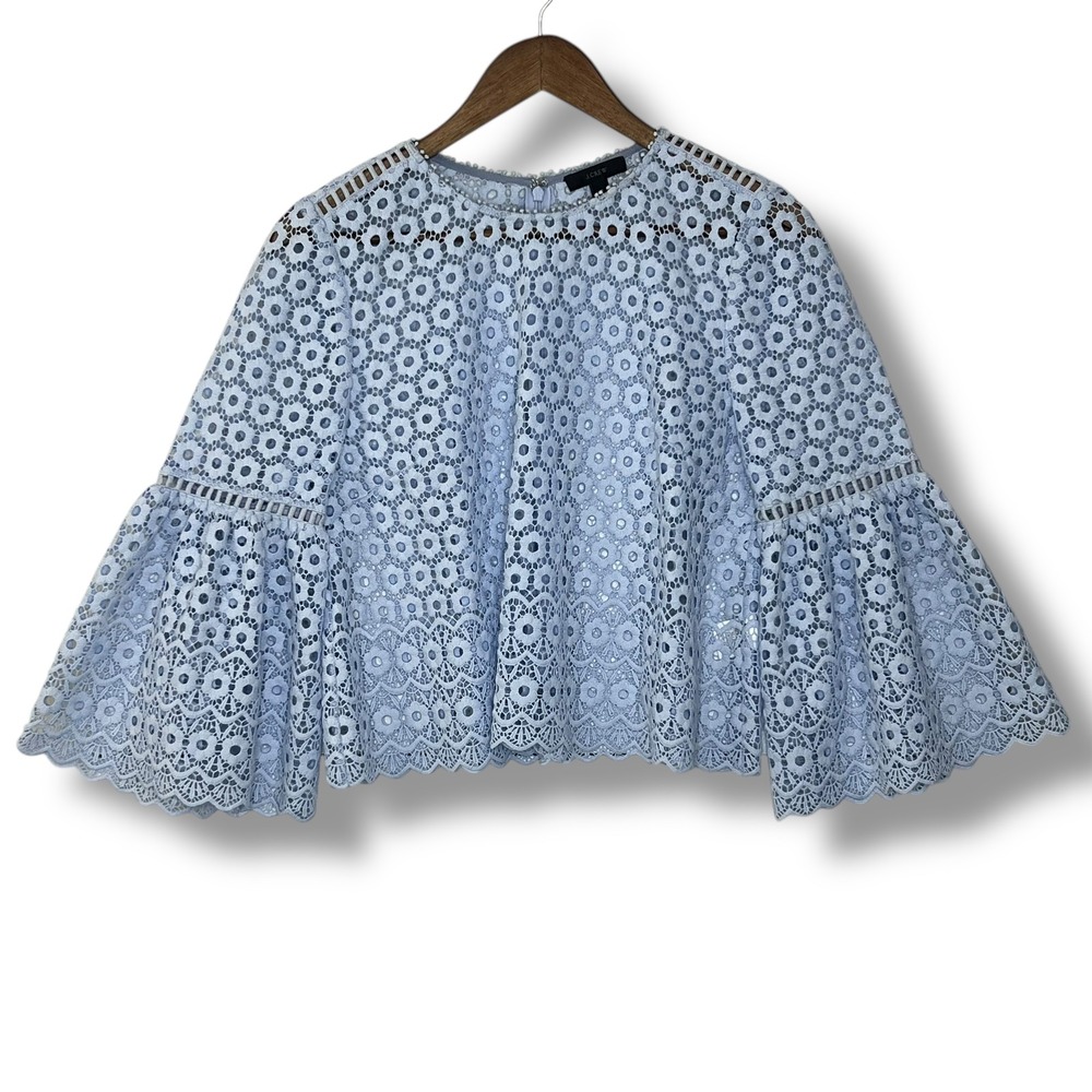 J. Crew 8P Baby Blue Eyelet Bell Sleeve Lace Crochet Top Blouse Unlined Coquette